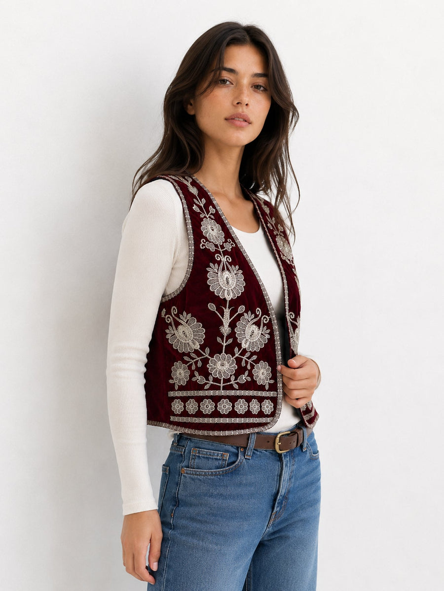 Gilet en velours brodé bordeaux vue 3 4