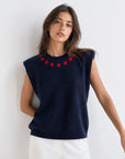gilet sans manches bleu nuit col rond cœurs