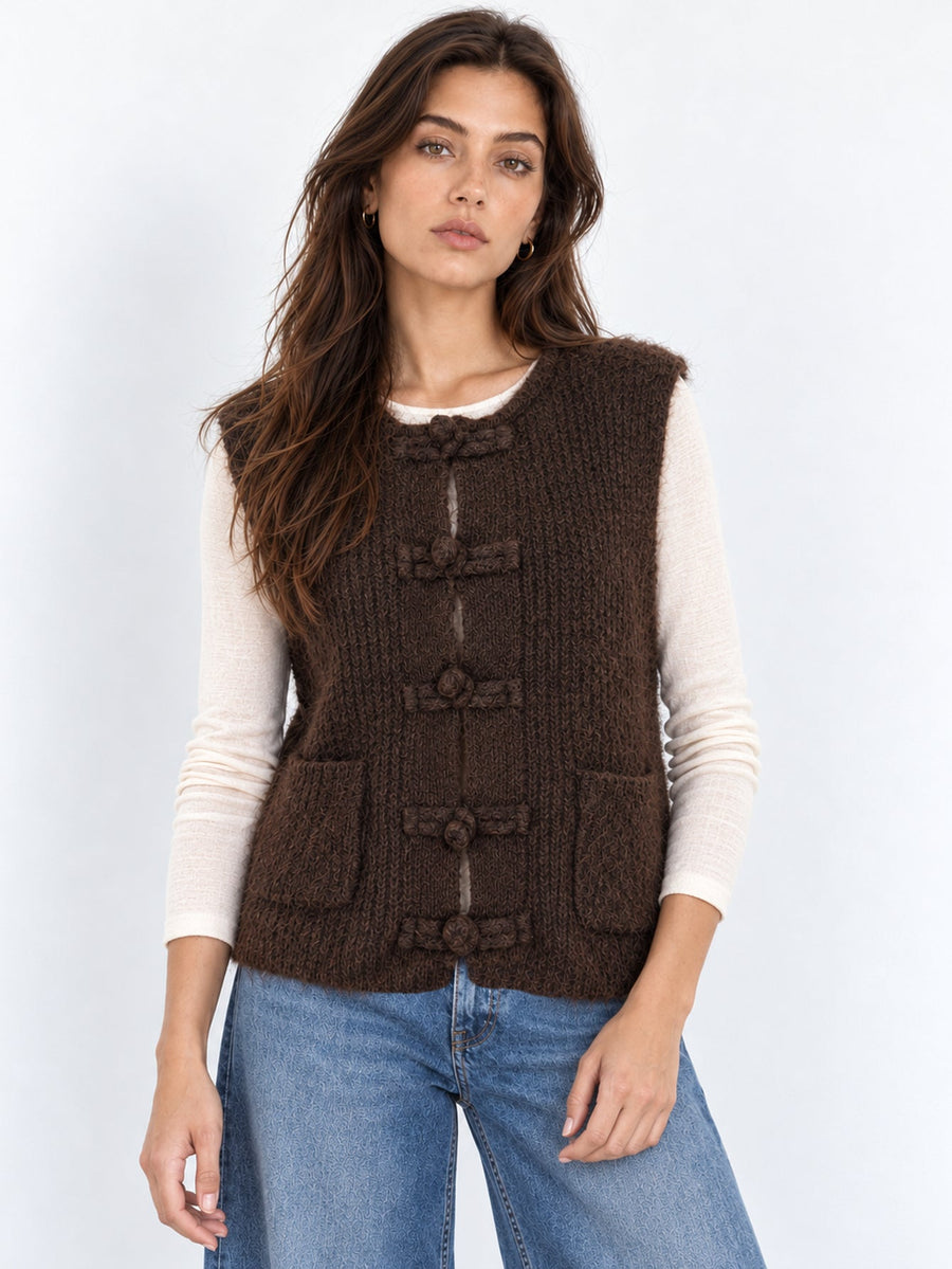 Gilet en maille marron à brandebourgs