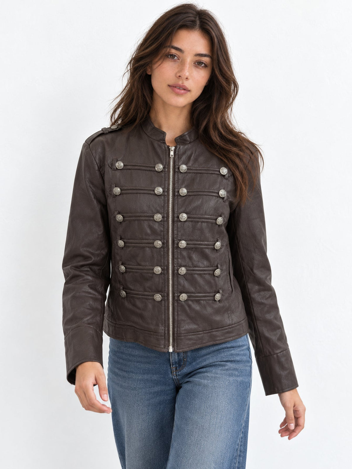 veste officier similicuir marron face zippée