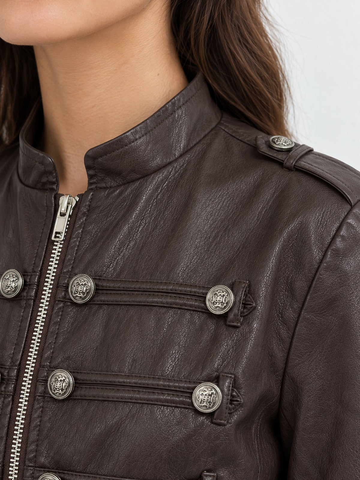 veste col officier similicuir marron détail