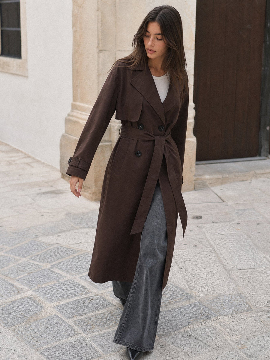 Trench long ceinturé marron