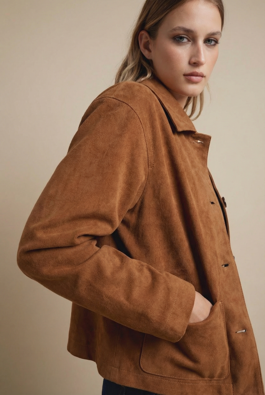 Veste Courte En Daim Marron