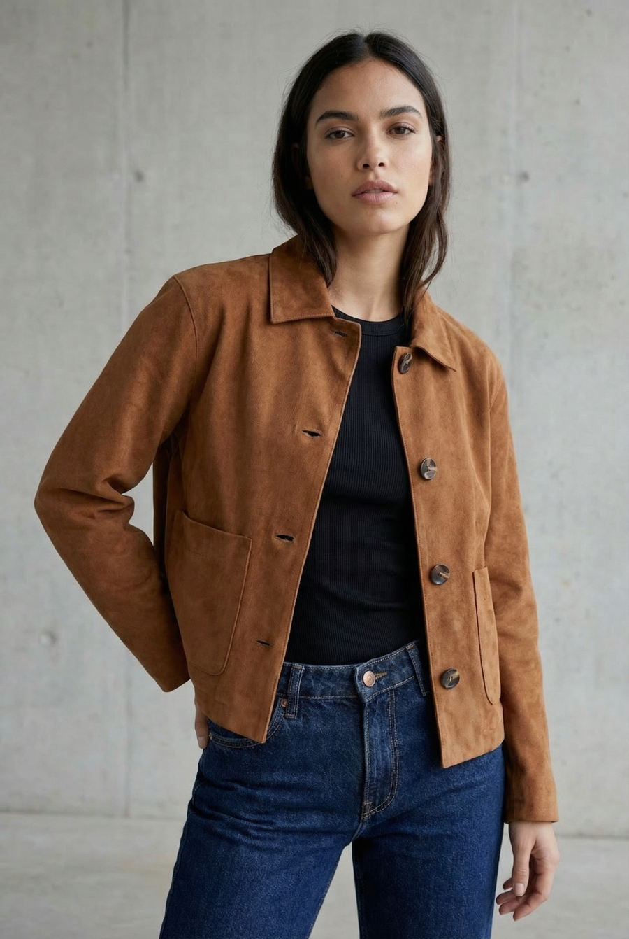 Veste Courte En Daim Marron