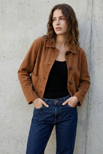 Veste Courte En Daim Marron