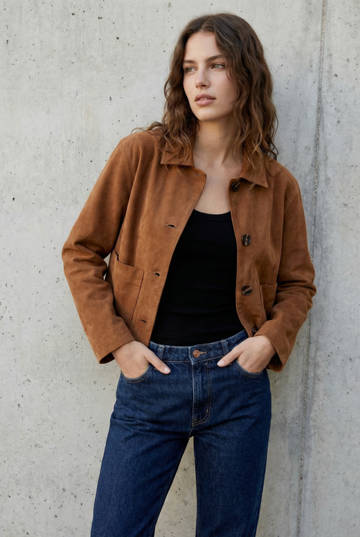 Veste Courte En Daim Marron