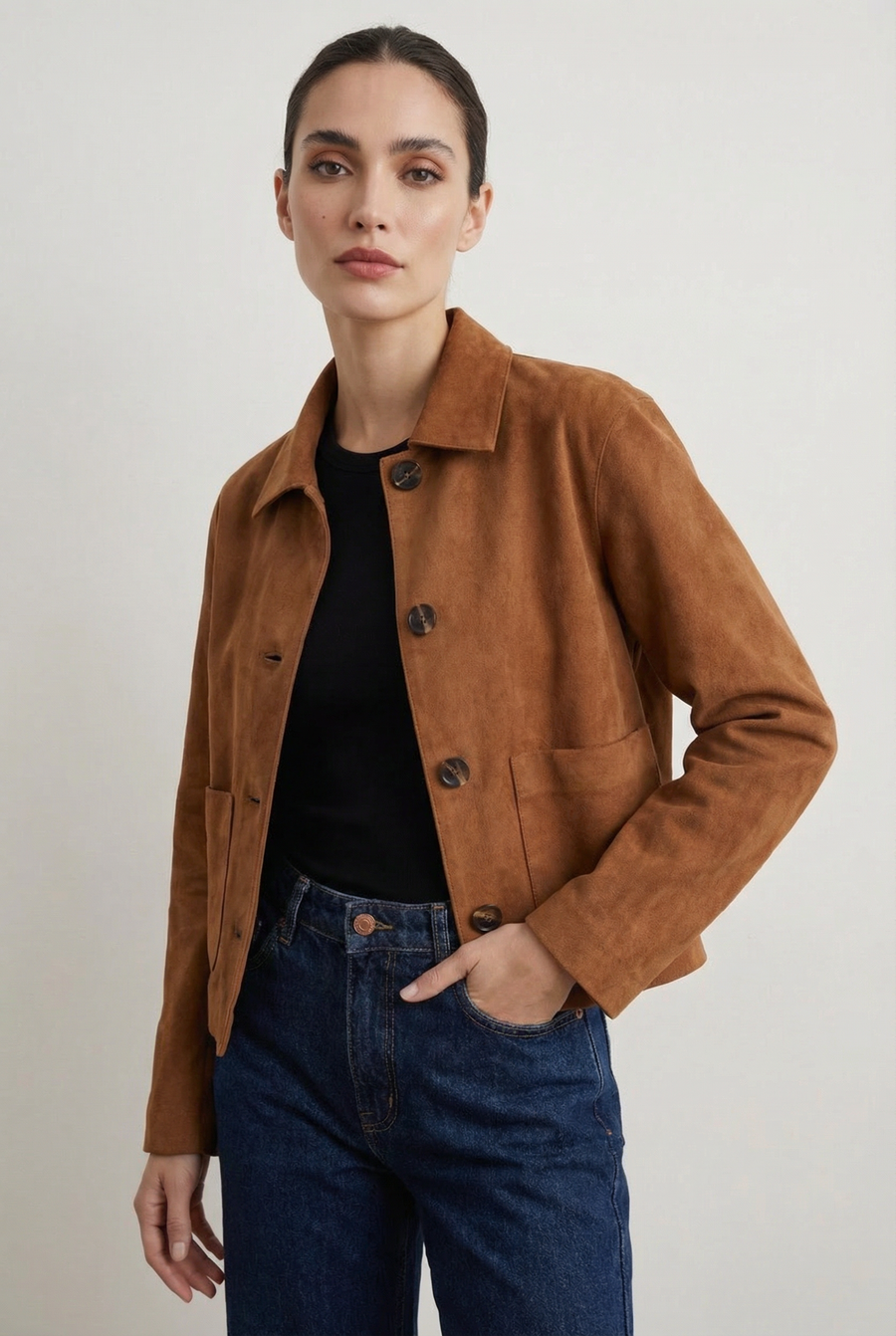 Veste Courte En Daim Marron