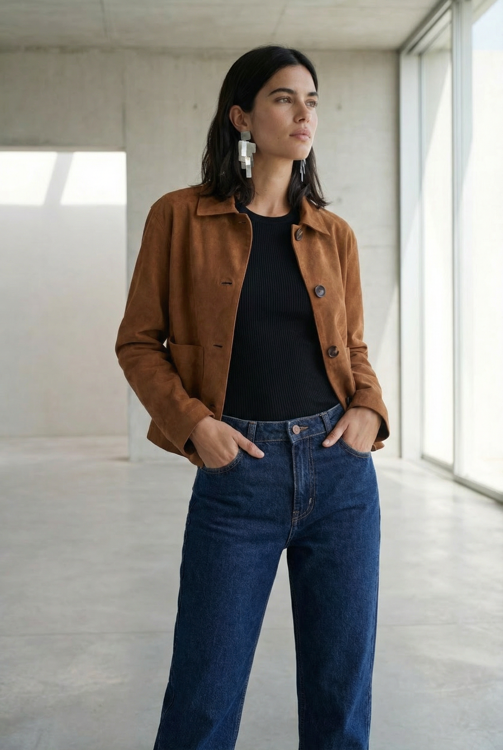 Veste Courte En Daim Marron