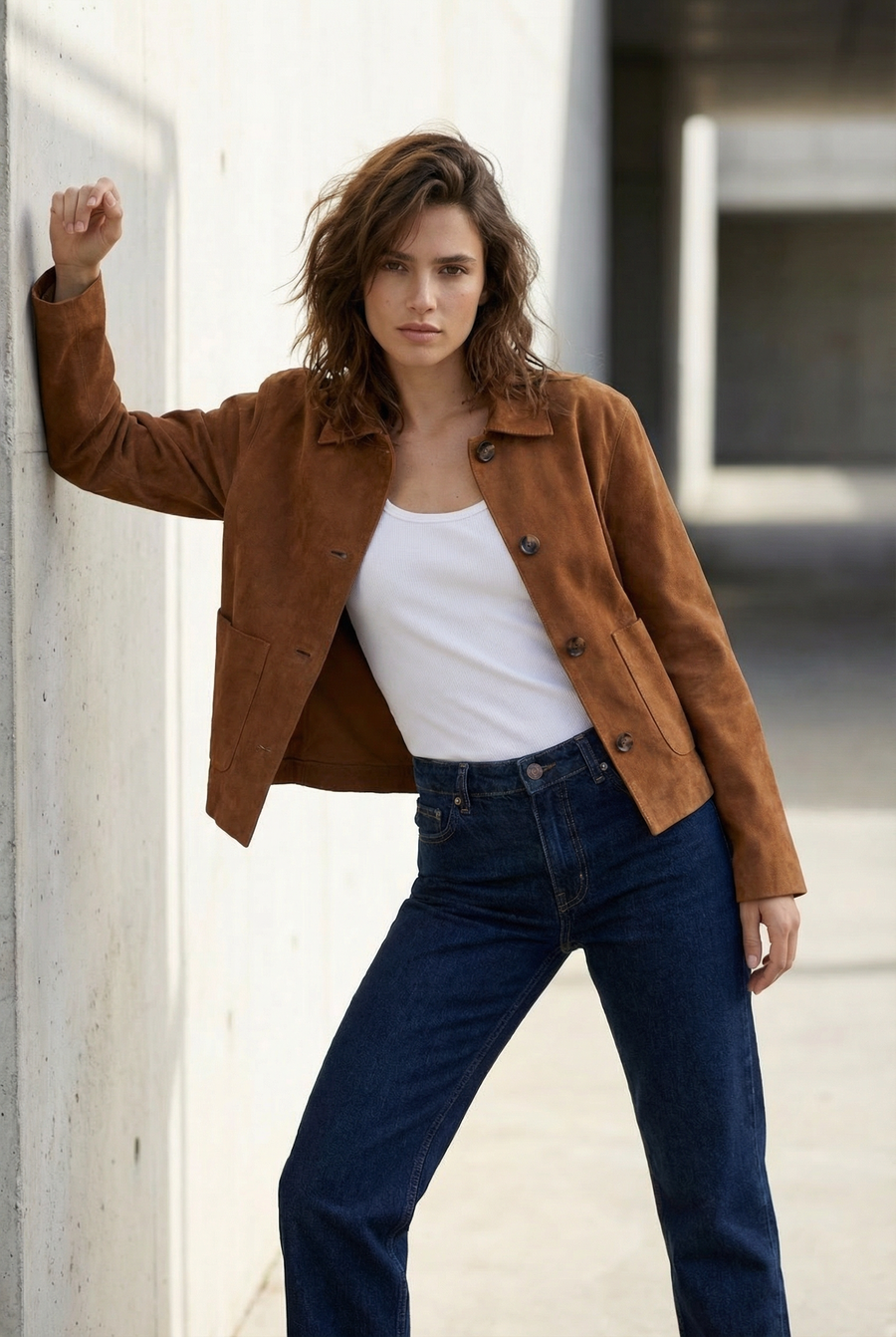 Veste Courte En Daim Marron