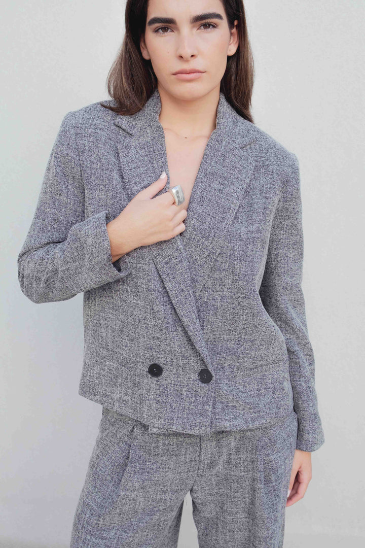 Blazer structuré cropped coupe croisée noir viscose polyester