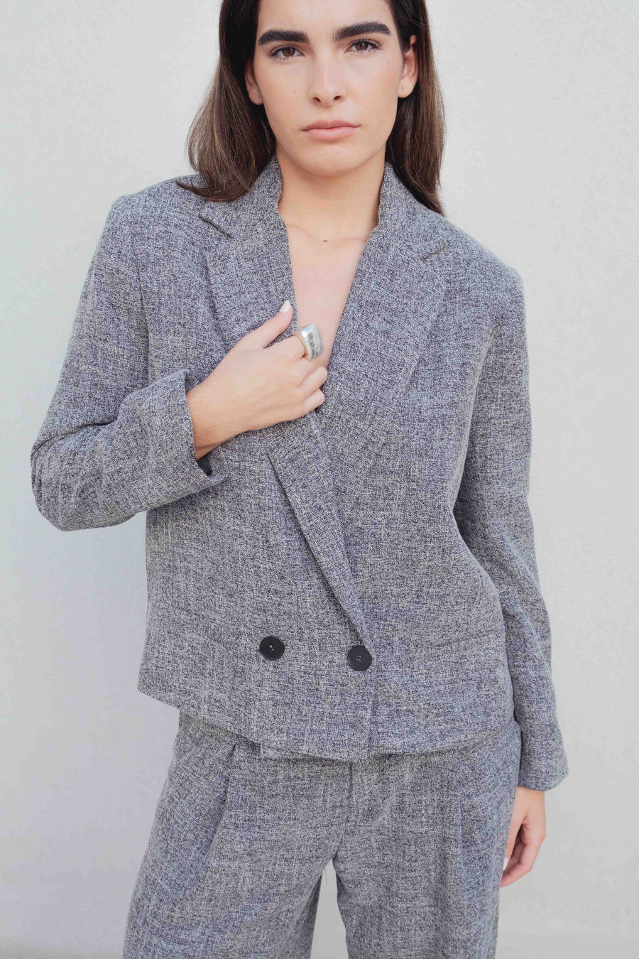 Blazer structuré cropped coupe croisée noir viscose polyester