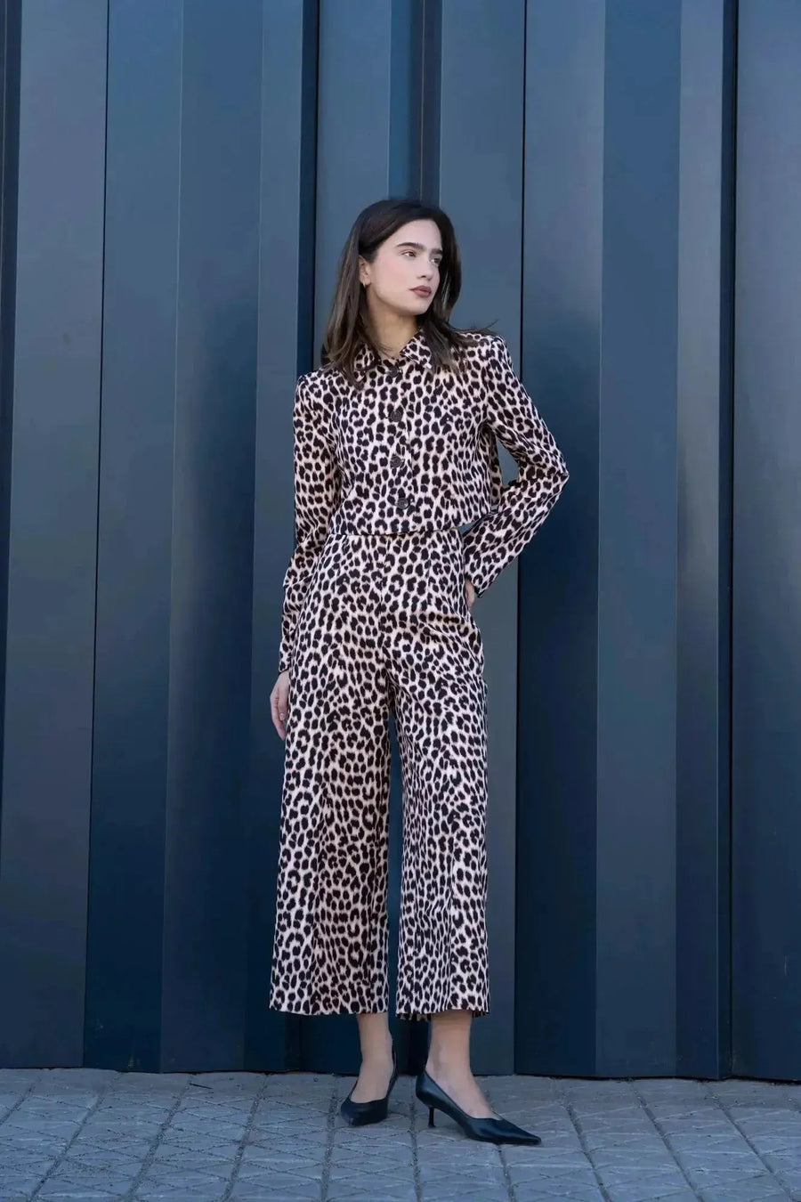 Femme en pantalon léopard femme avec des talons, debout devant un mur, style chic et moderne, Vêtements Imprimé Animal pour un Look Chic.